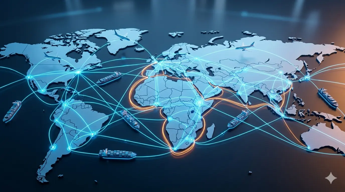 Global trade network connecting Africa, Europe and Asia